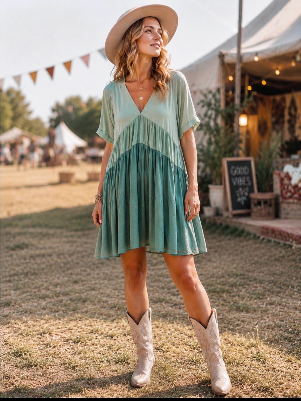 The Impeccable Pig Sz L Sage Green Tiered Ruffled Babydoll Dress Boho Festival